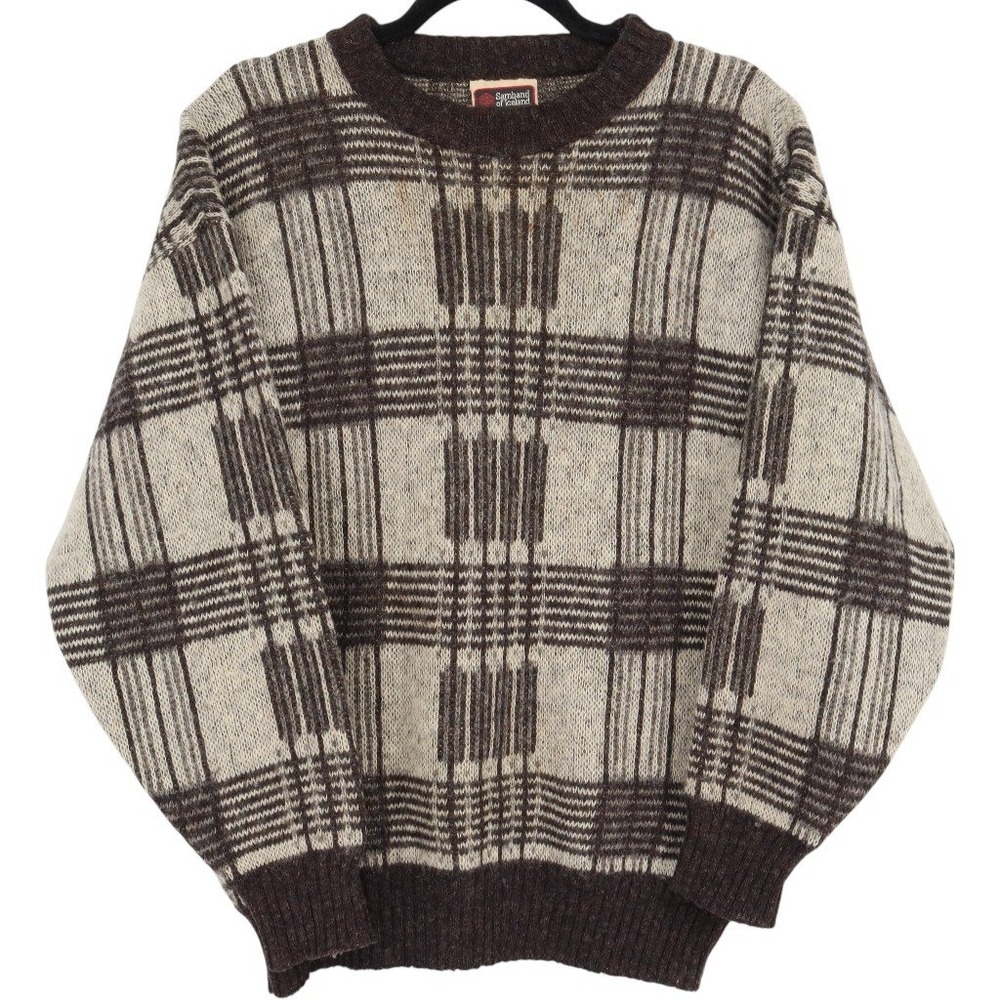 Samband of Iceland Size S Brown Vintage Pure New Wool Plaid Crew Neck Sweater